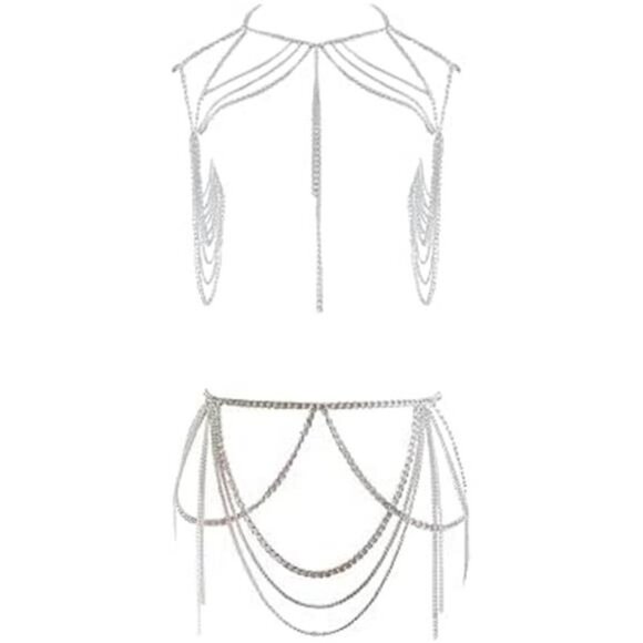 Silver Body Chain Jewelry Set  Shoulder Chain & Waist Chain for Festivals, Beach - Picture 1 of 5